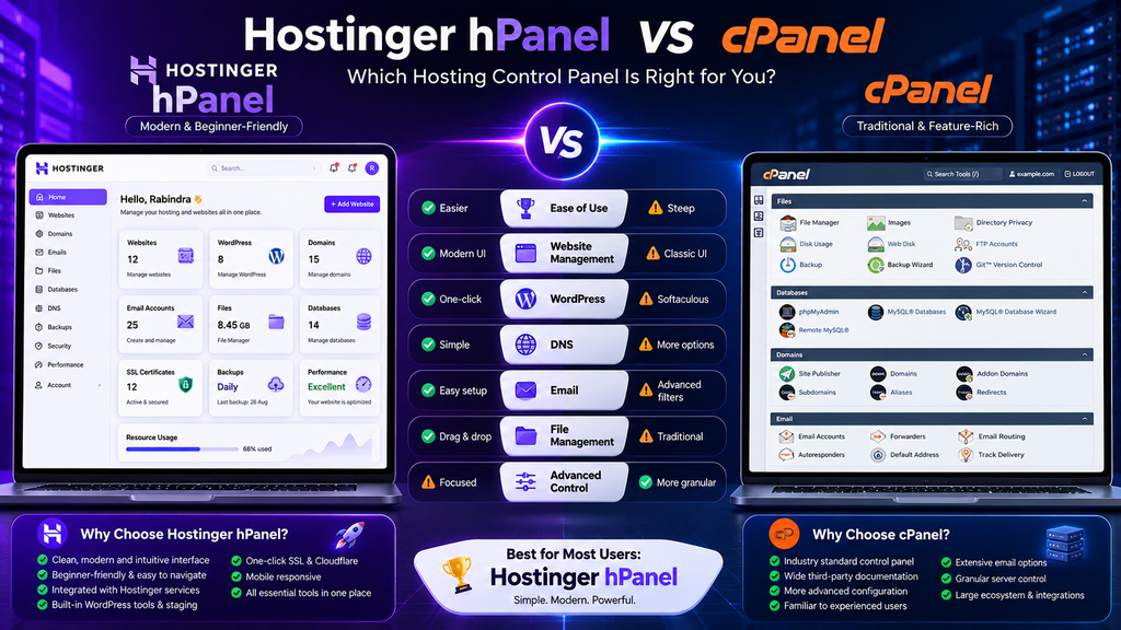 Learn how Hostinger hPanel works. Explore website management, WordPress, DNS, email, files, SSL, backups, security, staging and hPanel vs cPanel.