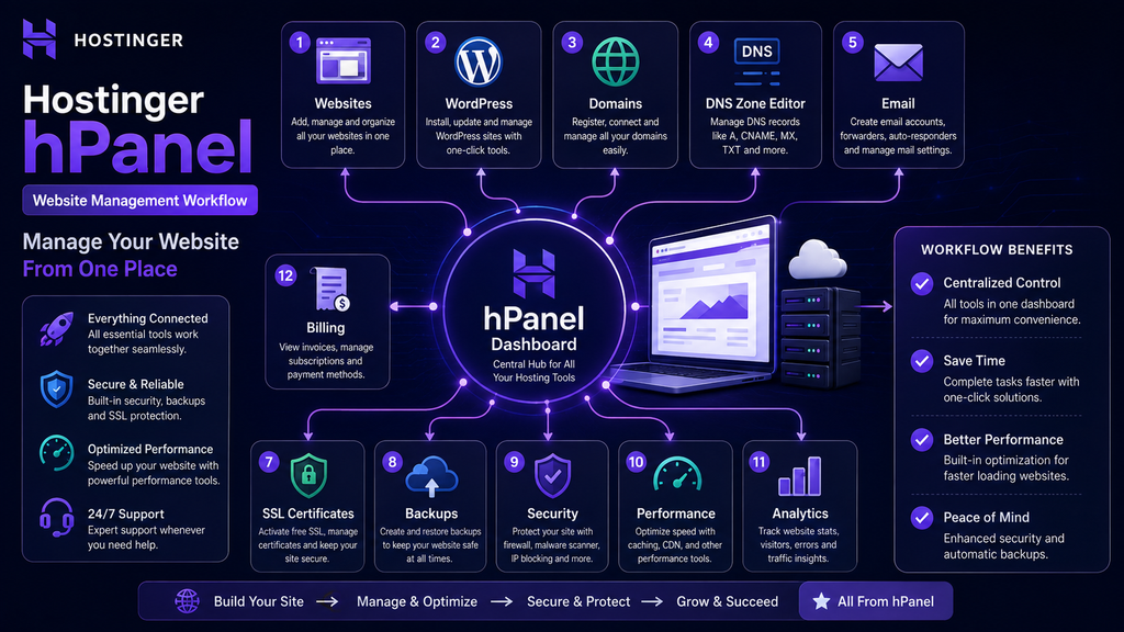 Learn how Hostinger hPanel works. Explore website management, WordPress, DNS, email, files, SSL, backups, security, staging and hPanel vs cPanel.